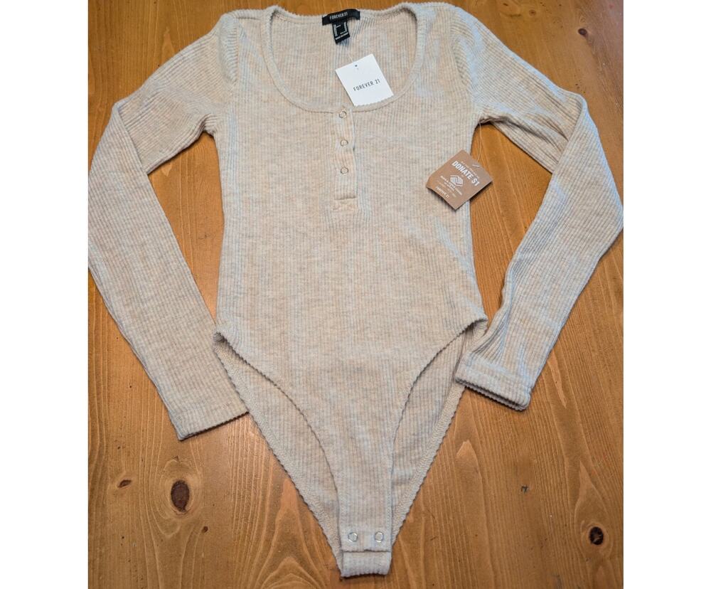 Forever 21 Long Sleeve Ribbed Body Suit, Oatmeal, NWT, Velvety Soft, Medium